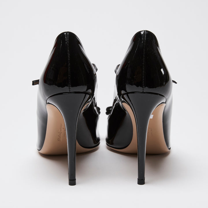 Ferragamo Black Patent Leather Vara Bow Mary Jane Peep-toe Pumps Size 8.5