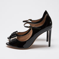 Ferragamo Black Patent Leather Vara Bow Mary Jane Peep-toe Pumps Size 8.5