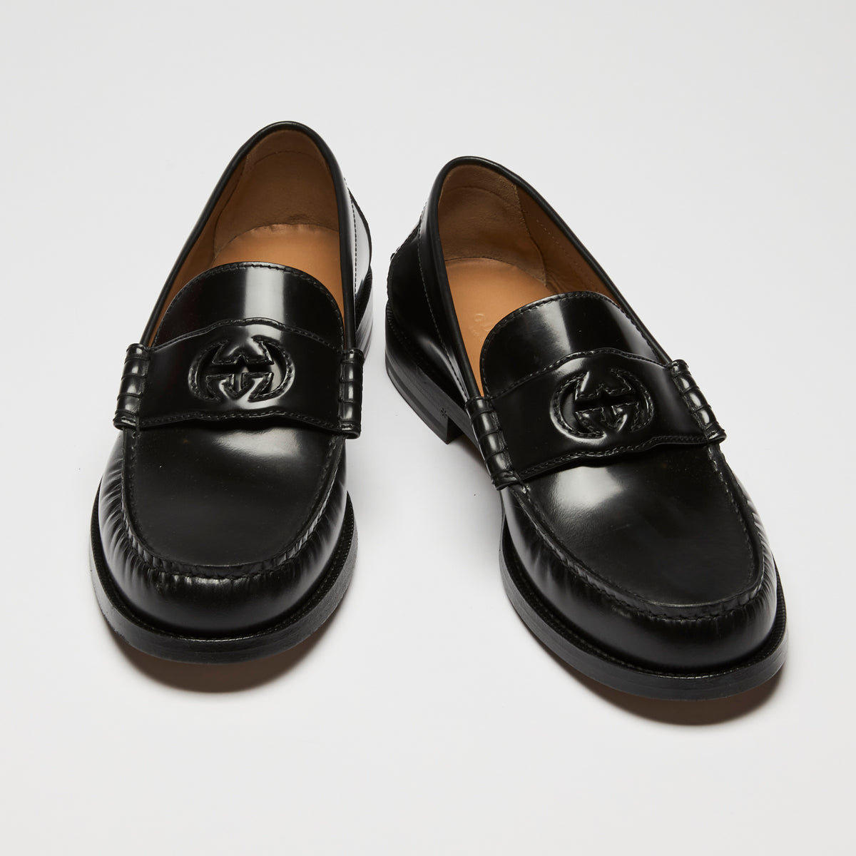Gucci Black Leather Interlocking G Loafers Size 39.5