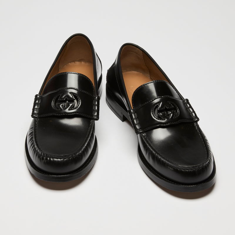 Gucci Black Leather Interlocking G Loafers Size 39.5