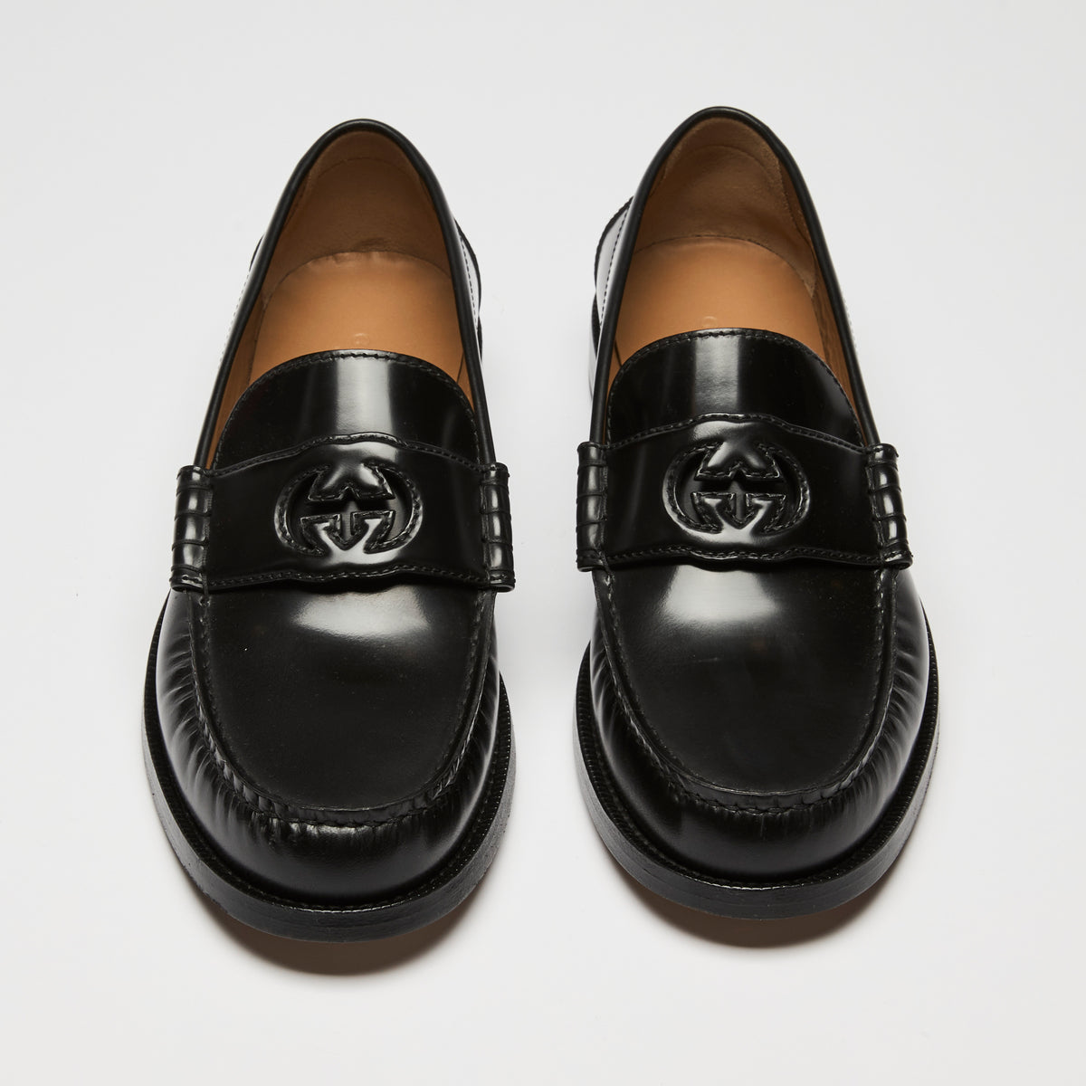 Gucci Black Leather Interlocking G Loafers Size 39.5