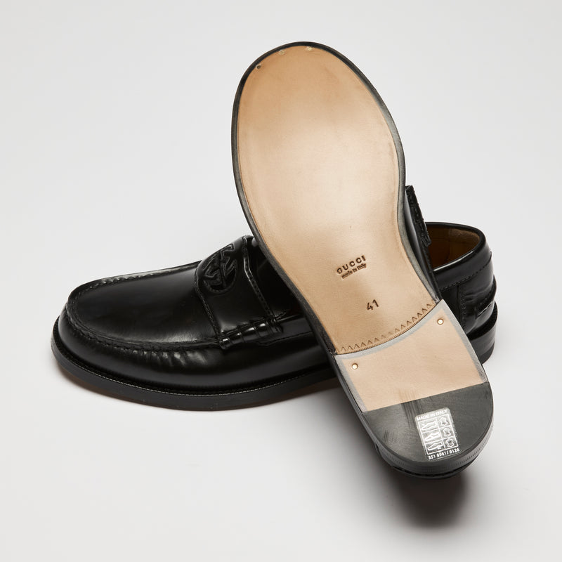 Gucci Black Leather Interlocking G Loafers Size 39.5