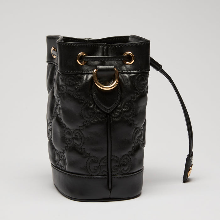 Gucci Black Embossed GG Monogram Leather Bucket Bag