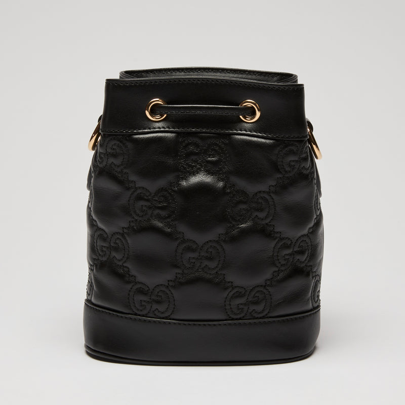 Gucci Black Embossed GG Monogram Leather Bucket Bag