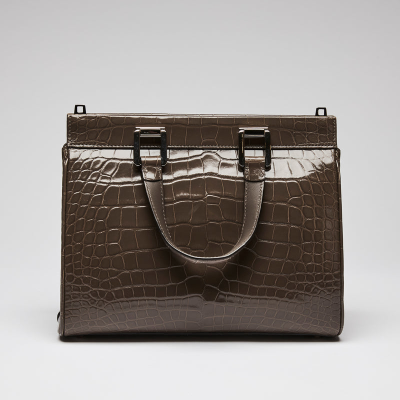Gucci Grey Crocodile Leather Zumi Medium Top Handle Bag