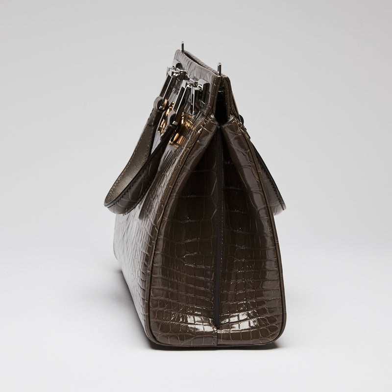 Gucci Grey Crocodile Leather Zumi Medium Top Handle Bag