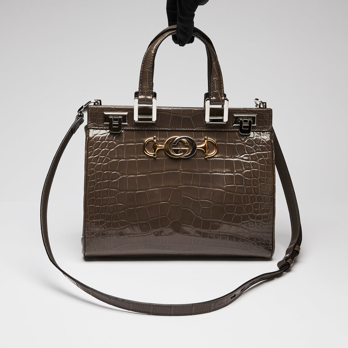 Gucci Grey Crocodile Leather Zumi Medium Top Handle Bag