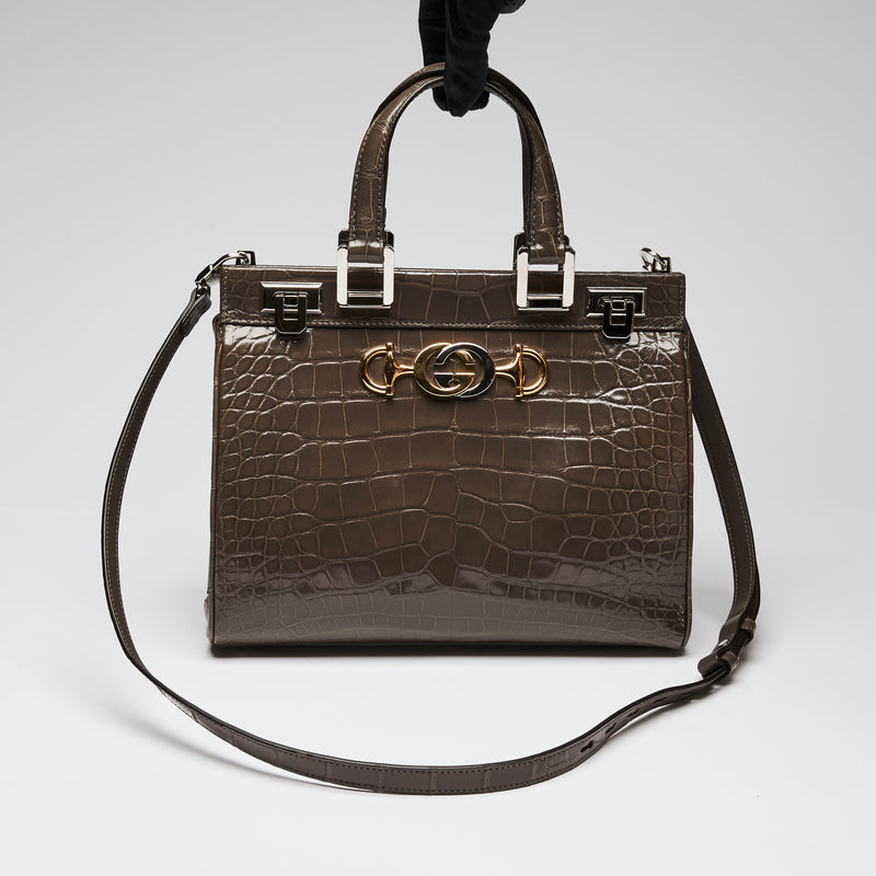 Gucci Grey Crocodile Leather Zumi Medium Top Handle Bag