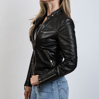 Gucci Black Nappa Leather Jacket with GG Embossed Shoulders and Sleeves Size 40