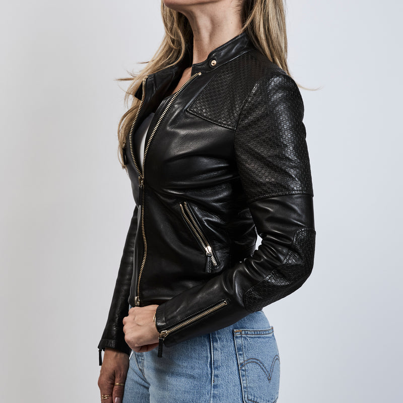 Gucci Black Nappa Leather Jacket with GG Embossed Shoulders and Sleeves Size 40