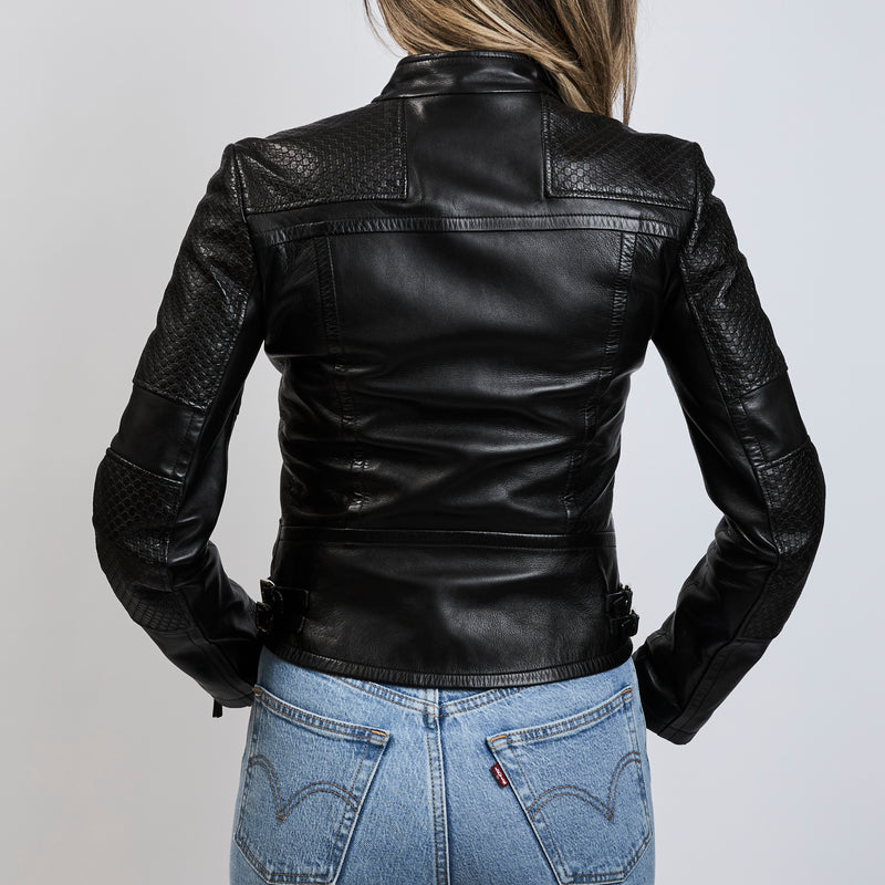 Gucci Black Nappa Leather Jacket with GG Embossed Shoulders and Sleeves Size 40