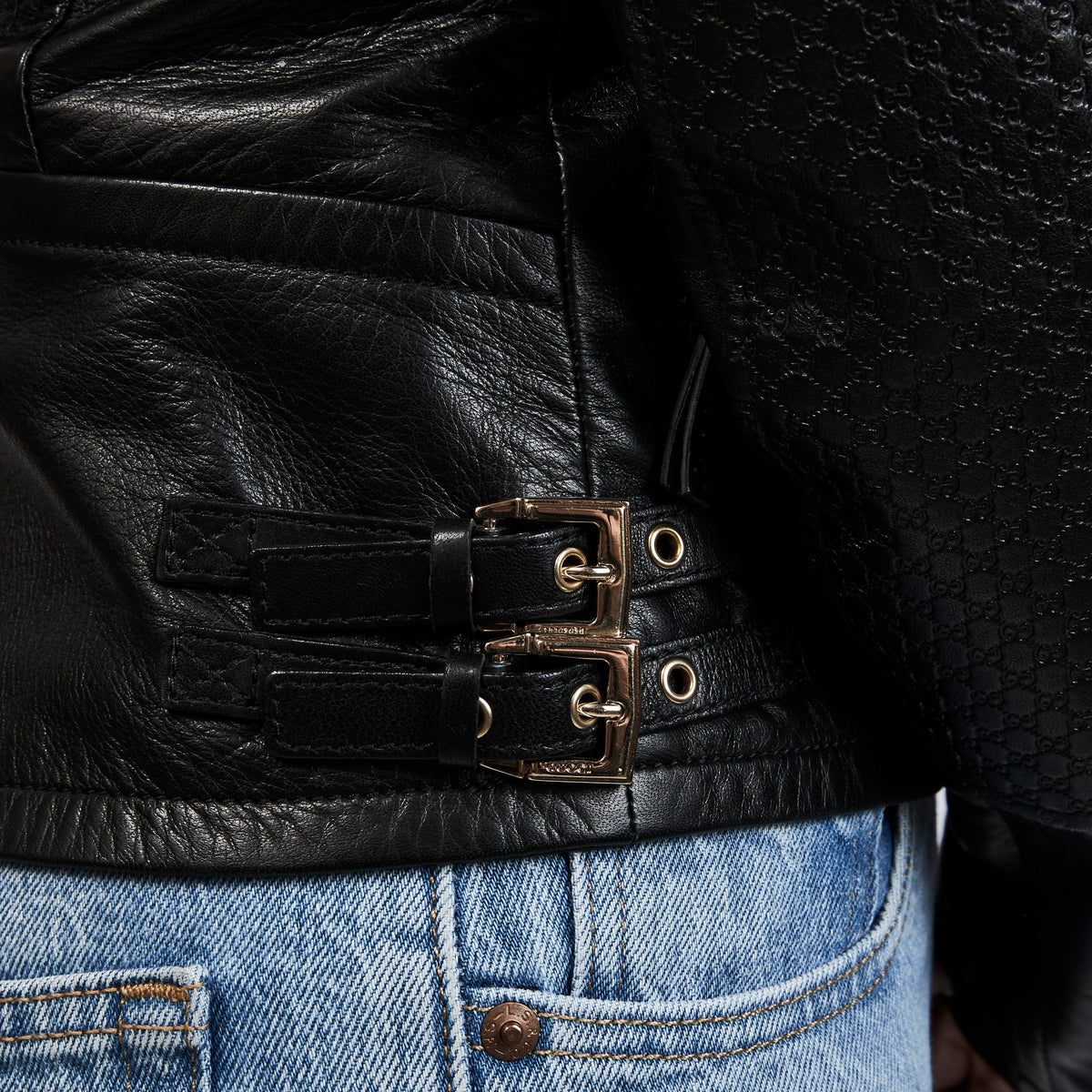Gucci Black Nappa Leather Jacket with GG Embossed Shoulders and Sleeves Size 40