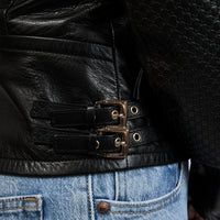 Gucci Black Nappa Leather Jacket with GG Embossed Shoulders and Sleeves Size 40