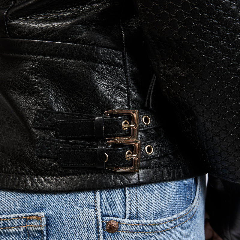 Gucci Black Nappa Leather Jacket with GG Embossed Shoulders and Sleeves Size 40
