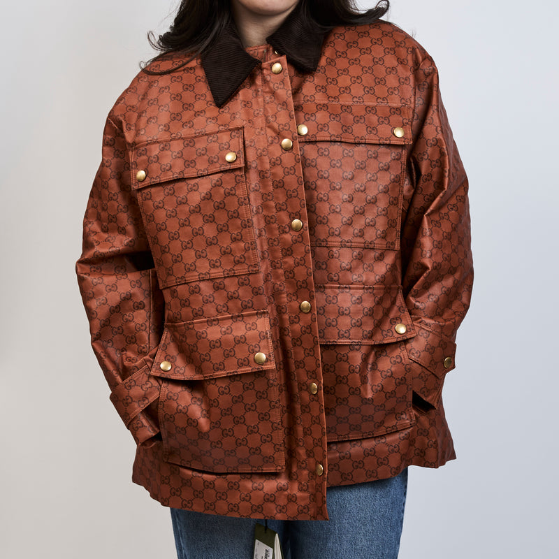 Gucci Orange Monogram Canvas Jacket with Fur Collar Size 42