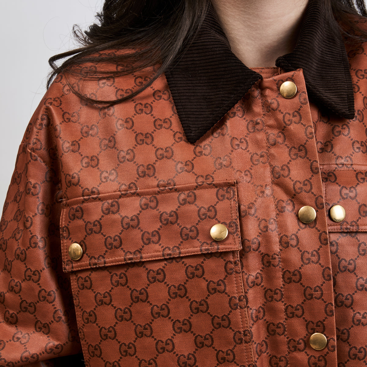 Gucci Orange Monogram Canvas Jacket with Fur Collar Size 42