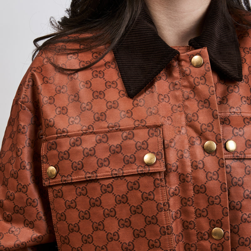Gucci Orange Monogram Canvas Jacket with Fur Collar Size 42