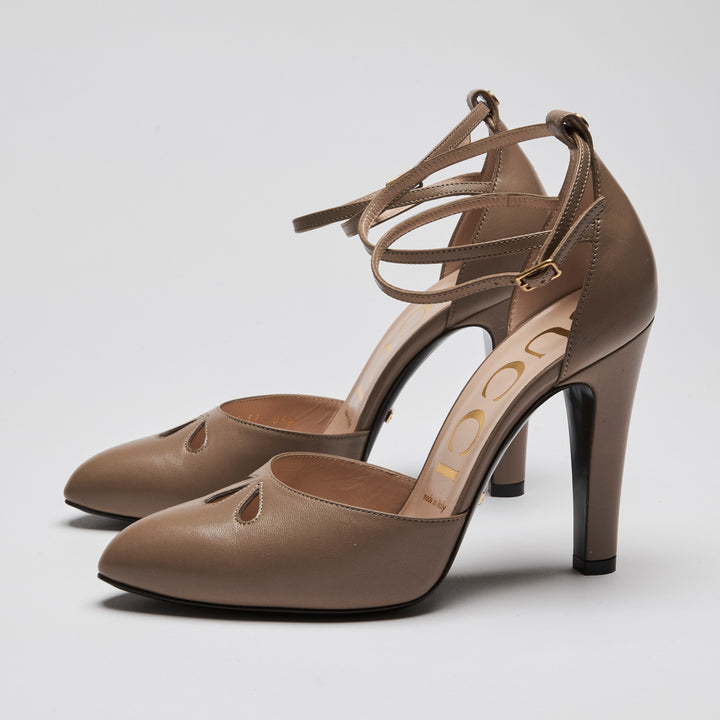 Gucci Brown Cutout Ankle Strap Pointed Toe Pumps Size 37