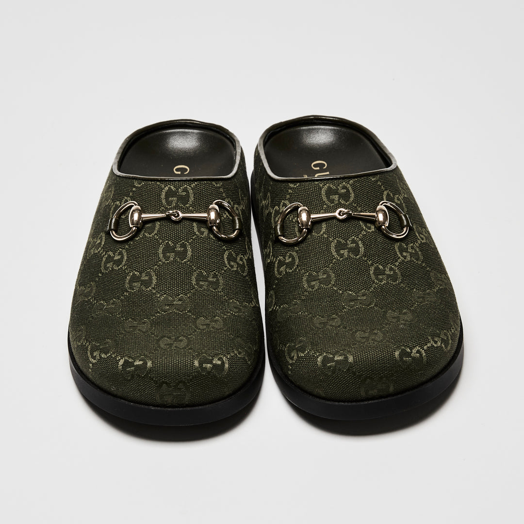 Gucci Khaki Green GG Canvas Light Gold Horsebit Mules Size 39.5