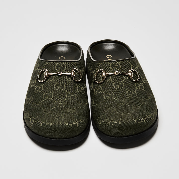 Gucci Khaki Green GG Canvas Light Gold Horsebit Mules Size 39.5