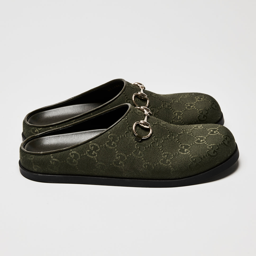 Gucci Khaki Green GG Canvas Light Gold Horsebit Mules Size 39.5