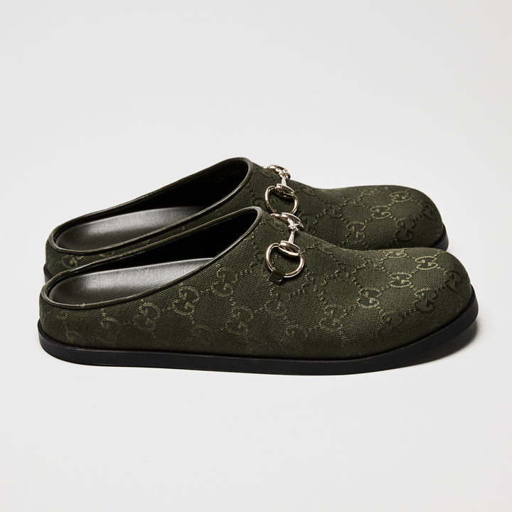 Gucci Khaki Green GG Canvas Light Gold Horsebit Mules Size 39.5