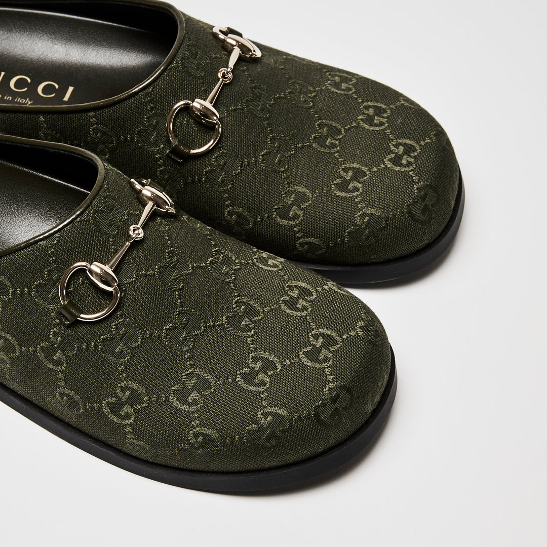 Gucci Khaki Green GG Canvas Light Gold Horsebit Mules Size 39.5