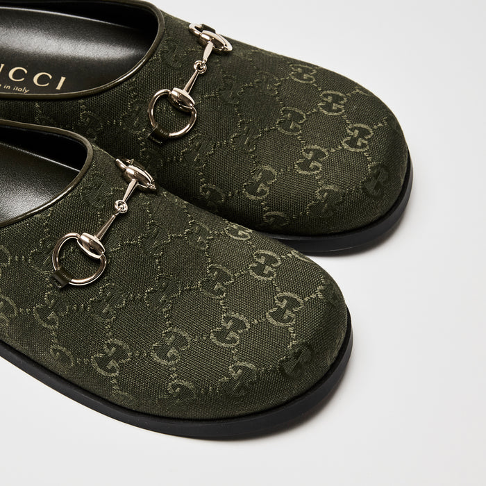 Gucci Khaki Green GG Canvas Light Gold Horsebit Slides Size 39