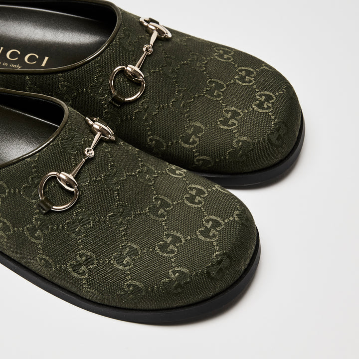 Gucci Khaki Green GG Canvas Light Gold Horsebit Mules Size 39.5