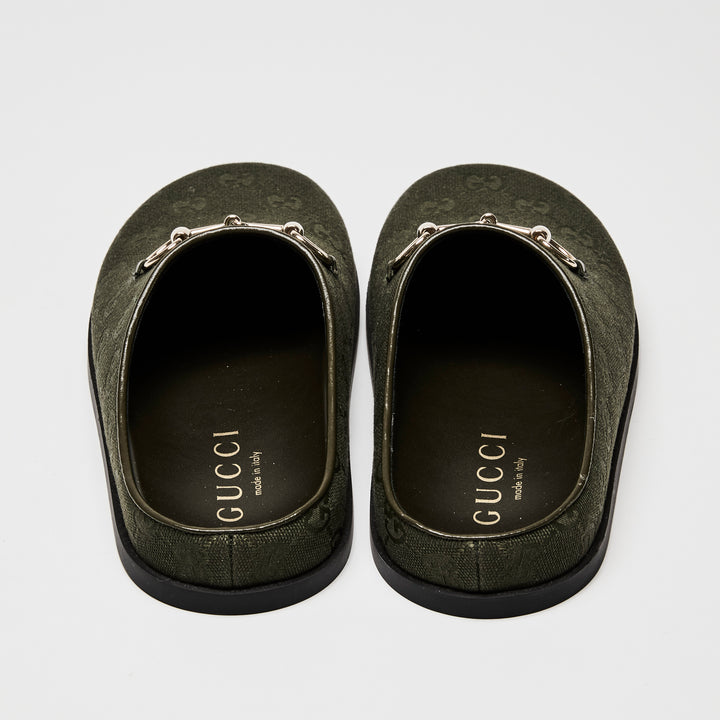 Gucci Khaki Green GG Canvas Light Gold Horsebit Mules Size 39.5