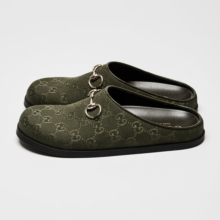 Gucci Khaki Green GG Canvas Light Gold Horsebit Mules Size 39.5