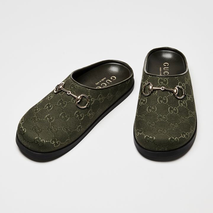 Gucci Khaki Green GG Canvas Light Gold Horsebit Mules Size 39.5