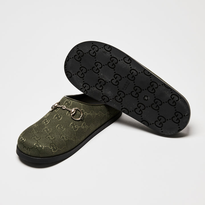 Gucci Khaki Green GG Canvas Light Gold Horsebit Mules Size 39.5