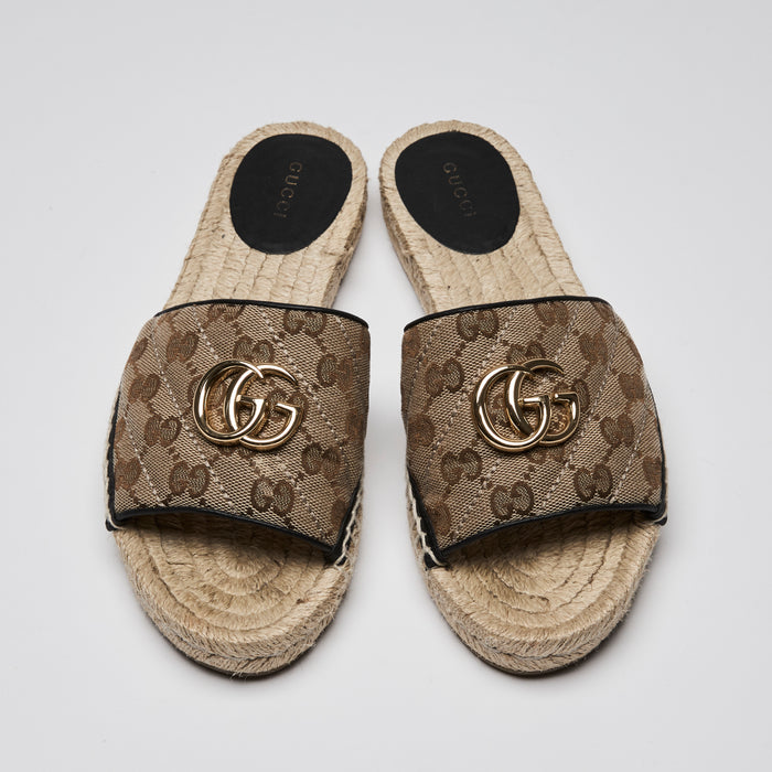 Gucci Beige GG Canvas Marmont Espadrille Slides Size 38.5