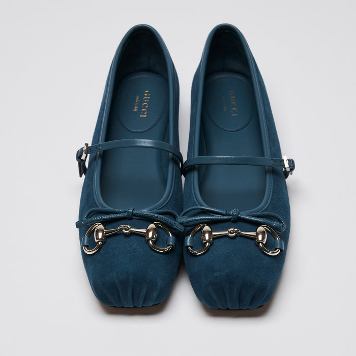 Gucci Blue Suede Light Gold Horsebit Ballet Flats Size 37