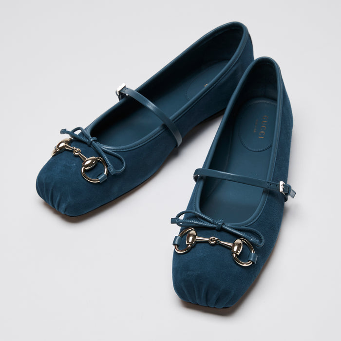 Gucci Blue Suede Light Gold Horsebit Ballet Flats Size 37