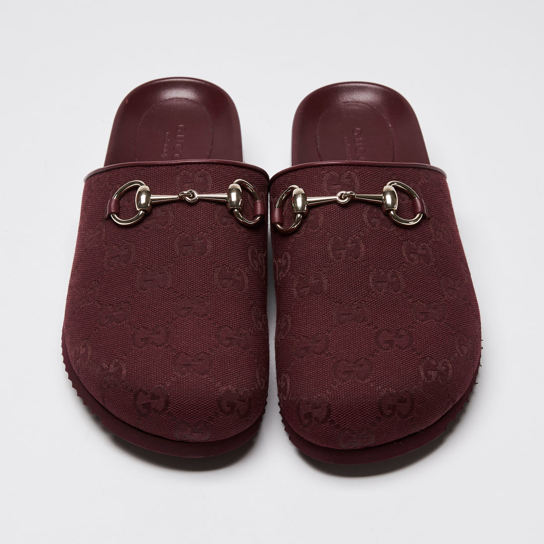 Gucci Burgundy GG Canvas Light Gold Horsebit Mules Size 37