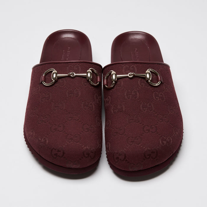 Gucci Burgundy GG Canvas Light Gold Horsebit Slides Size 37