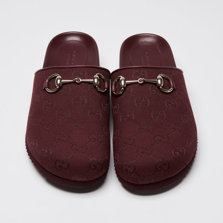 Gucci Burgundy GG Canvas Light Gold Horsebit Mules Size 37