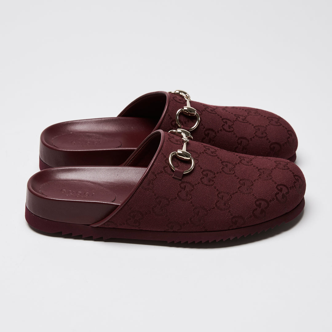Gucci Burgundy GG Canvas Light Gold Horsebit Mules Size 37