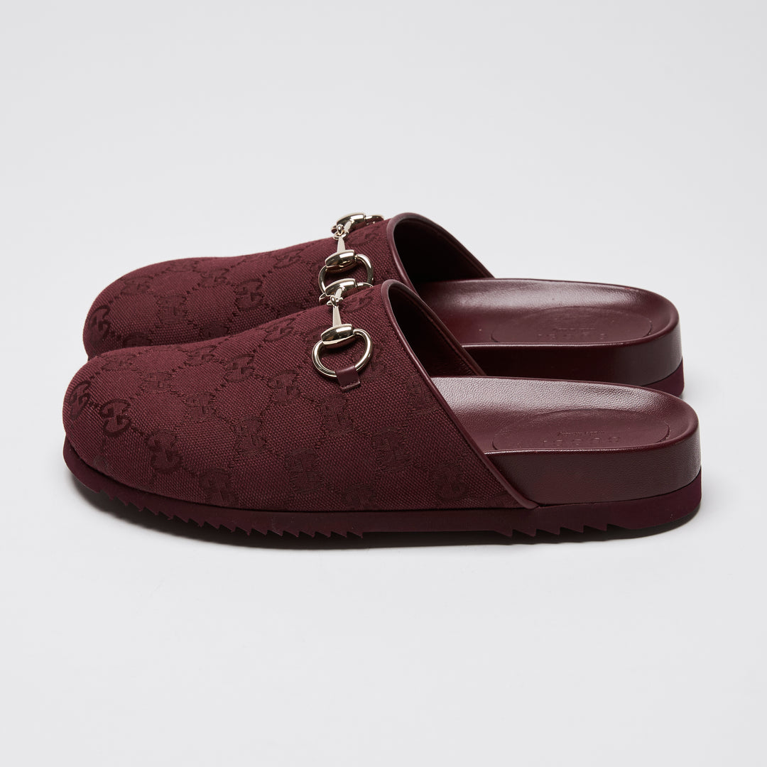 Gucci Burgundy GG Canvas Light Gold Horsebit Mules Size 37