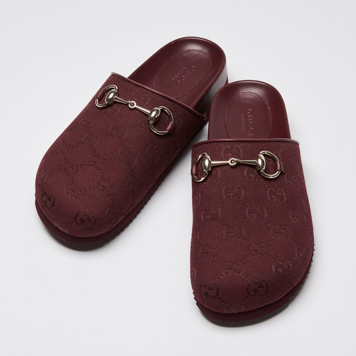 Gucci Burgundy GG Canvas Light Gold Horsebit Slides Size 37