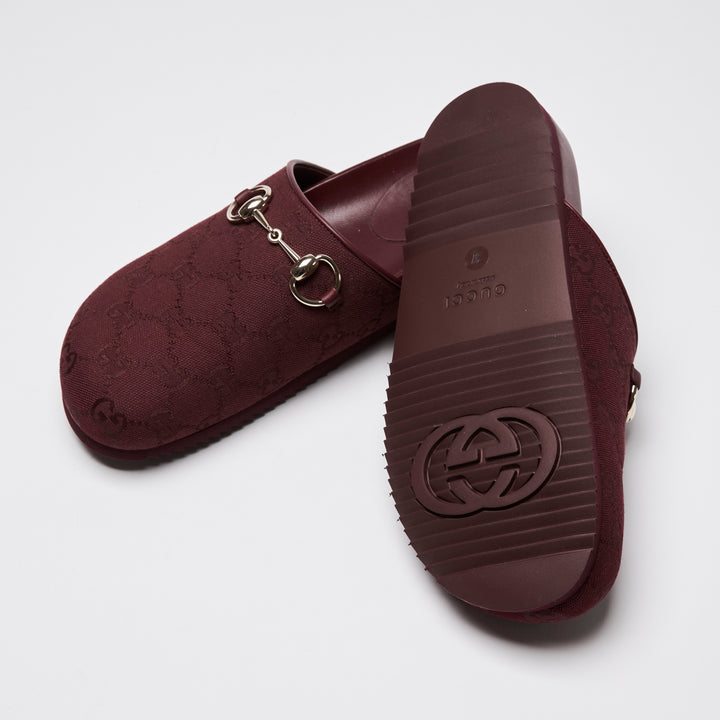 Gucci Burgundy GG Canvas Light Gold Horsebit Mules Size 37