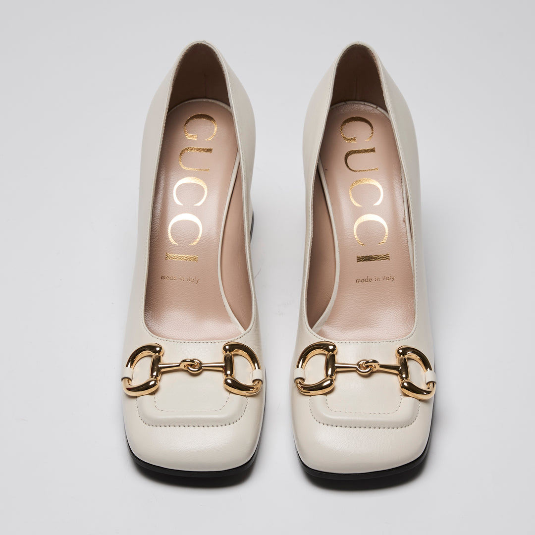 Gucci White Calf Leather Gold Horsebit Block Heel Pumps Size 38.5