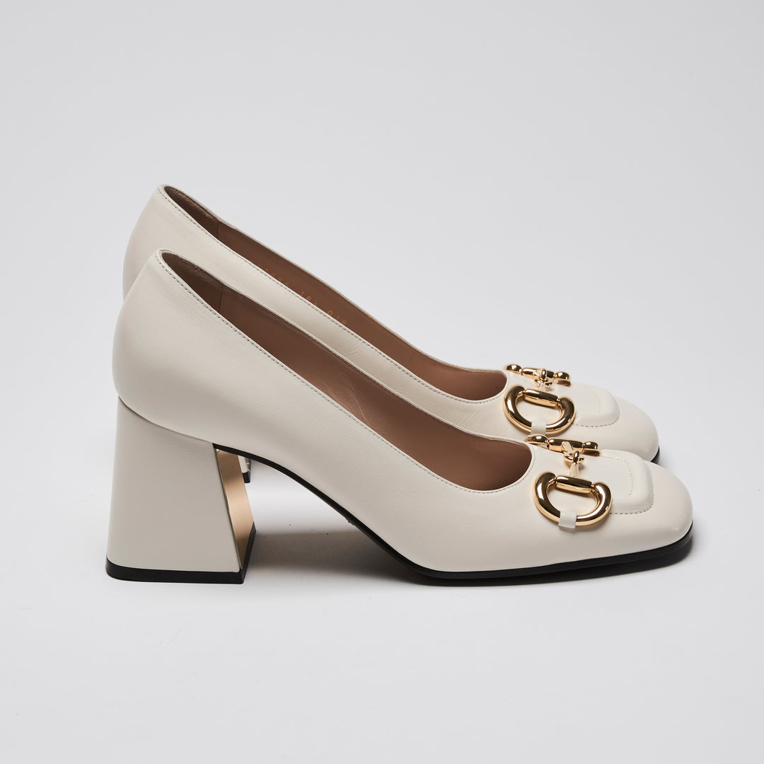 Gucci White Calf Leather Gold Horsebit Block Heel Pumps Size 38.5