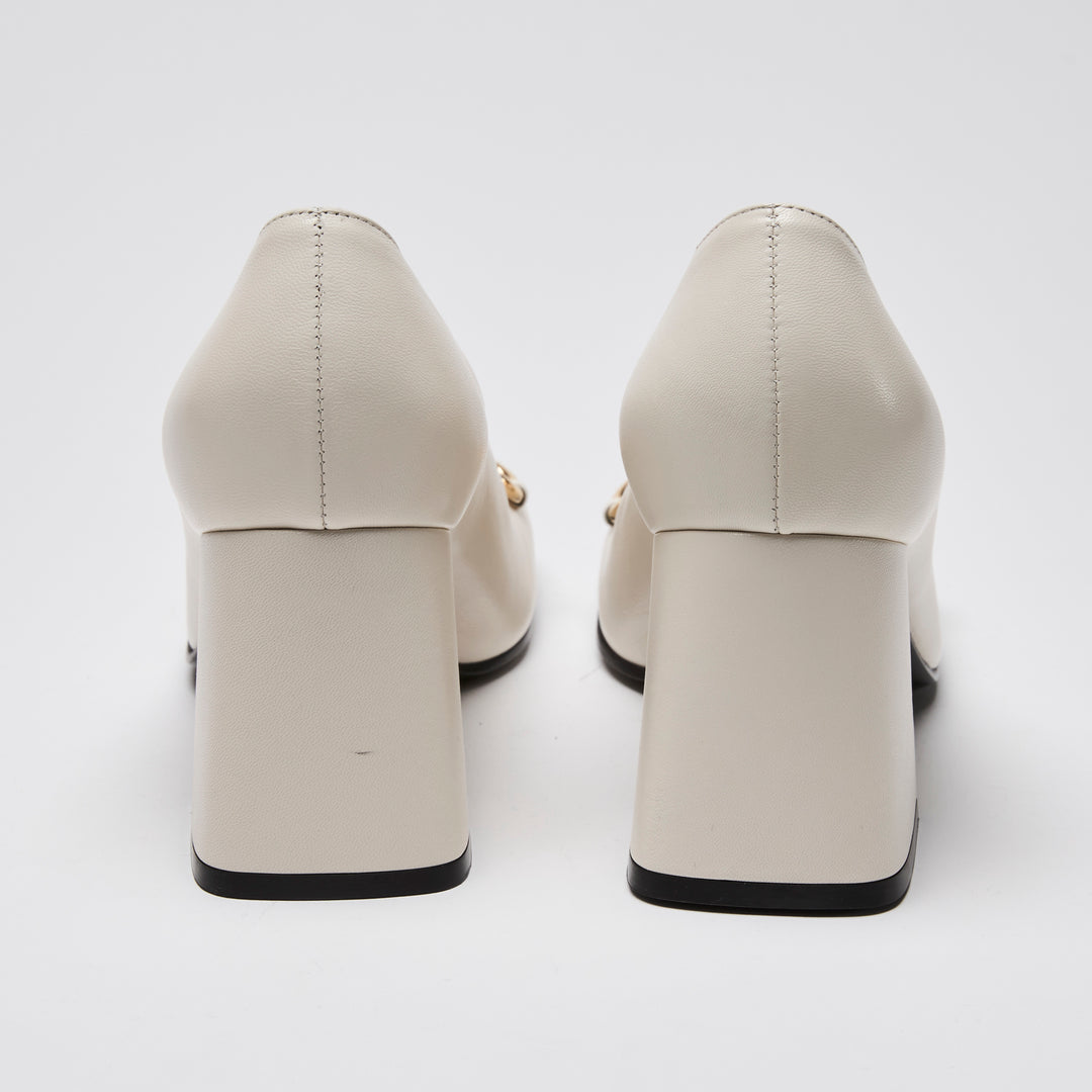Gucci White Calf Leather Gold Horsebit Block Heel Pumps Size 38.5