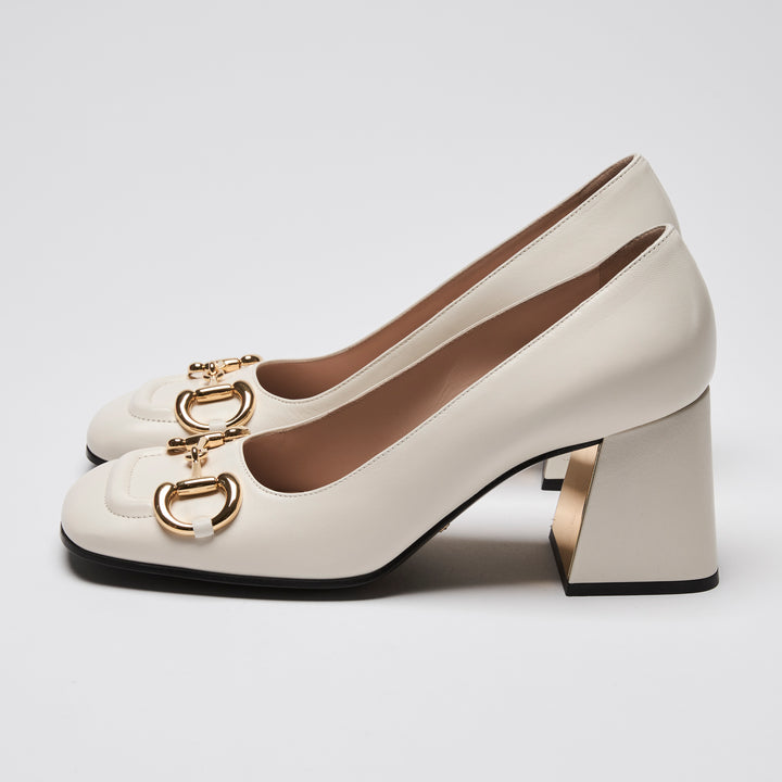 Gucci White Calf Leather Gold Horsebit Block Heel Pumps Size 38.5