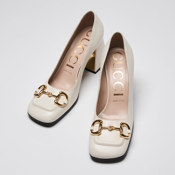 Gucci White Calf Leather Gold Horsebit Block Heel Pumps Size 38.5