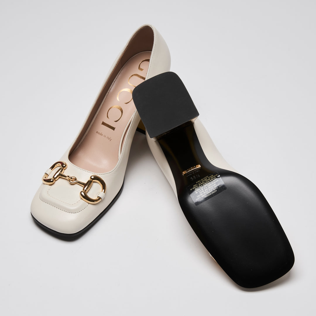 Gucci White Calf Leather Gold Horsebit Block Heel Pumps Size 38.5