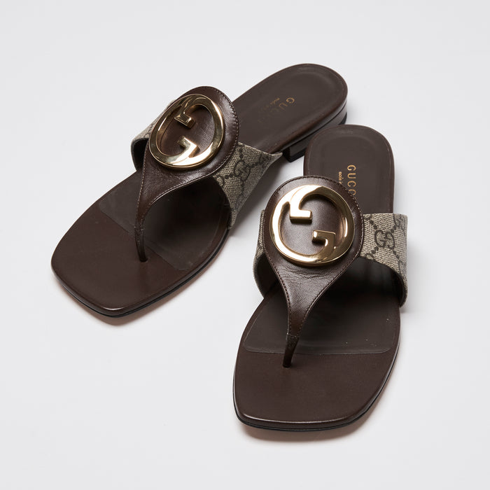 Gucci Brown Calf Leaher and Beige GG Supreme Canvas GG Blondie Thong Sandals Size 38